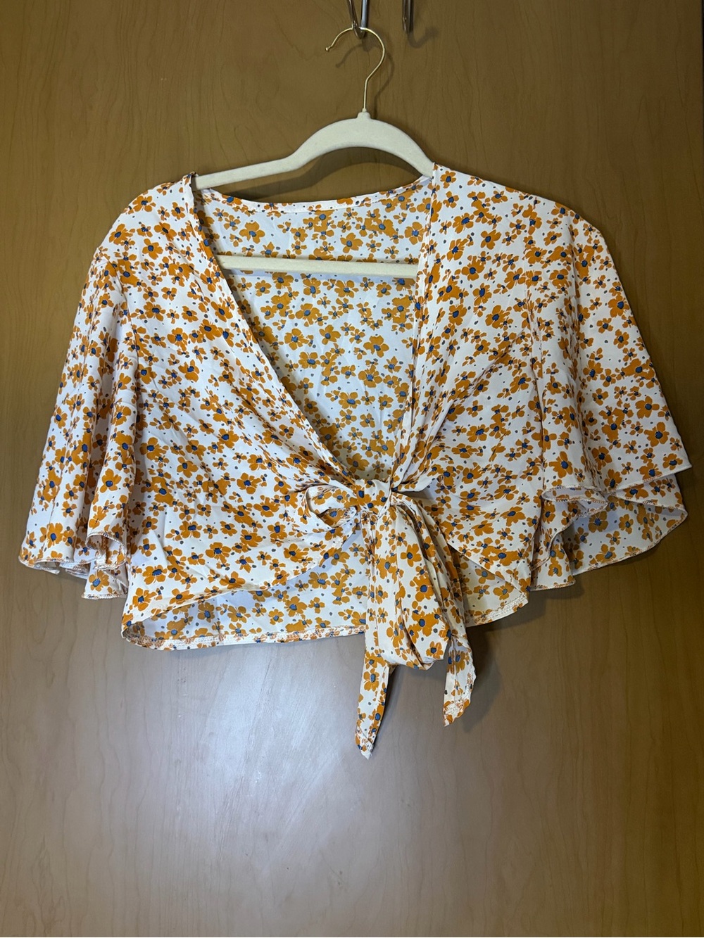 SHEIN White Crop Top with Mustard Floral Tie-Front